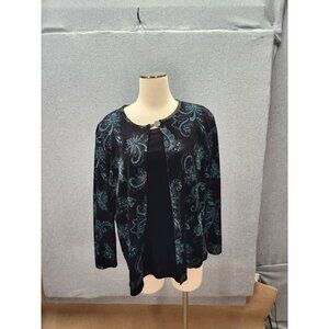 Elementz Womens XL Black & Turquoise Paisley Cardigan With Sparkling Button Deta